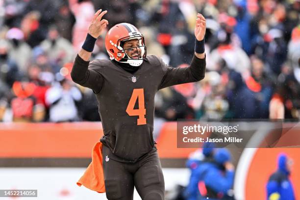 Deshaun Watson of the Cleveland Browns reacts after a play during the first half in the game against the New Orleans Saints at FirstEnergy Stadium on...