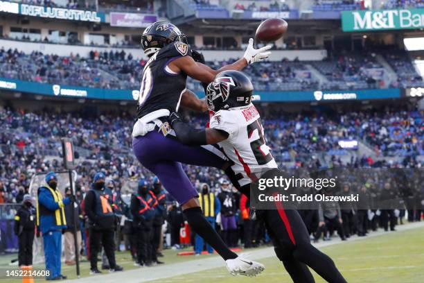 Demarcus Robinson of the Baltimore Ravens converts a two-point conversion attempt during the second quarter of the game against the Atlanta Falcons...