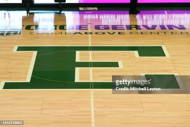 The Eastern Michigan Eagles logo on the floor before a college basketball game against the Detroit Mercy Titans at the George Gervin GameAbove Center...