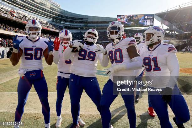 Tim Settle of the Buffalo Bills celebrates a recovered fumble during the third quarter in the game against the Chicago Bears at Soldier Field on...