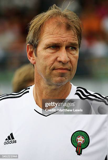 Pim Verbeek, Manager of Morocco looks on during the Toulon Tournament Group B match between Morocco and Mexico at Stade de Lattre on May 24, 2012 in...
