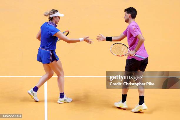 Anastasia Pavlyuchenkova and Dominic Thiem of Hawks in action while playing against Sania Mirza and Holger Rune of Kites during the mixed doubles...
