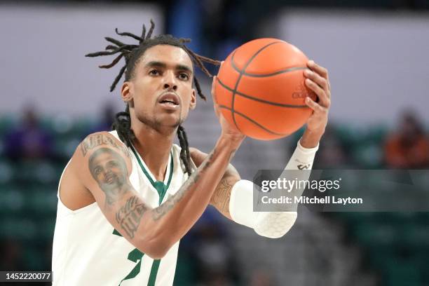 Emoni Bates of the Eastern Michigan Eagles takes a foul shot during a college basketball game against the Detroit Mercy Titans at the George Gervin...