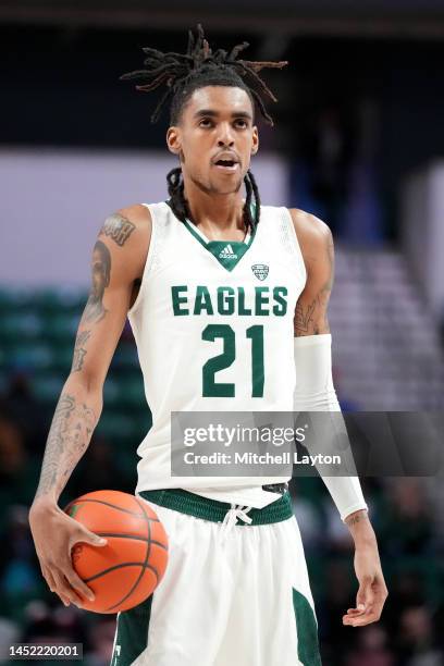 Emoni Bates of the Eastern Michigan Eagles takes a foul shot during a college basketball game against the Detroit Mercy Titans at the George Gervin...