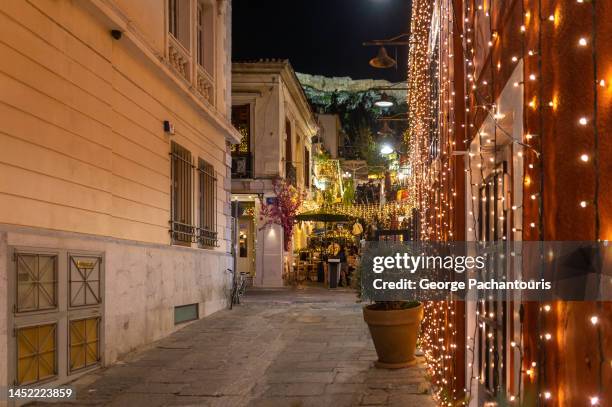 christmas lights in plaka, the old town of athens, greece - plaka stock pictures, royalty-free photos & images