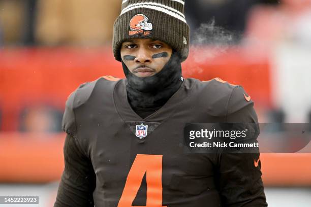 Deshaun Watson of the Cleveland Browns looks on during the second half in the game against the New Orleans Saints at FirstEnergy Stadium on December...