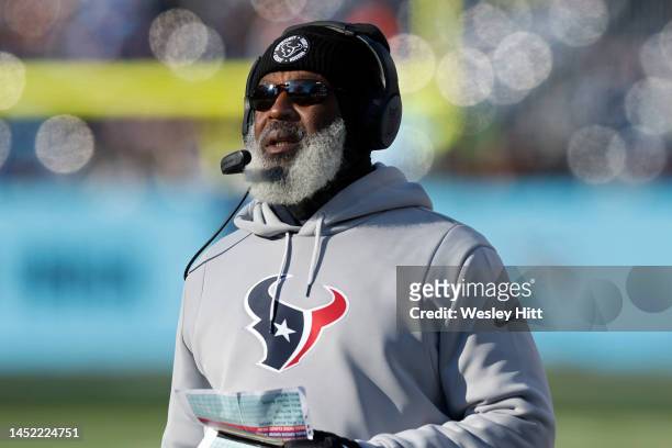 Head coach Lovie Smith of the Houston Texans on the sidelines during the first half in the game against the Tennessee Titans at Nissan Stadium on...
