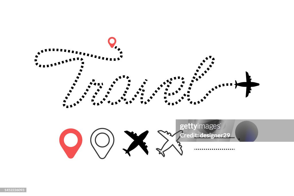Airplane Line Path Icon Set. Travel Concept and Airplane Flight Route Vector Design.