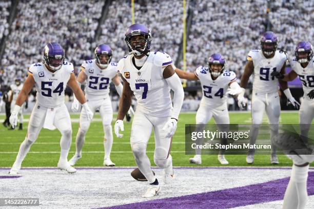 Patrick Peterson of the Minnesota Vikings celebrates after an interception during the fourth quarter against the New York Giants at U.S. Bank Stadium...