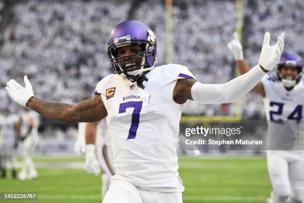 Patrick Peterson of the Minnesota Vikings celebrates after an interception during the fourth quarter against the New York Giants at U.S. Bank Stadium...