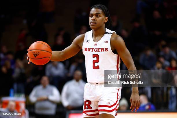 Jalen Miller of the Rutgers Scarlet Knights in action against the Bucknell Bison during a game at Jersey Mike's Arena on December 23, 2022 in...