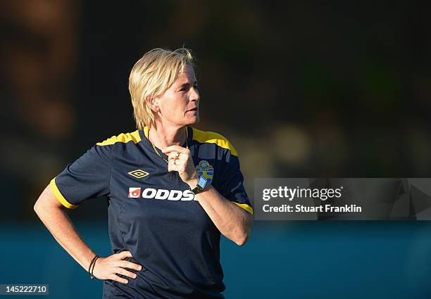 Lilie Persson, head coach of Sweden ponders during the U23's womens international friendly mtach between Germany and Sweden on May 24, 2012 in...