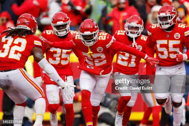 Juan Thornhill of the Kansas City Chiefs celebrates after an interception during the fourth quarter against the Seattle Seahawks at Arrowhead Stadium...