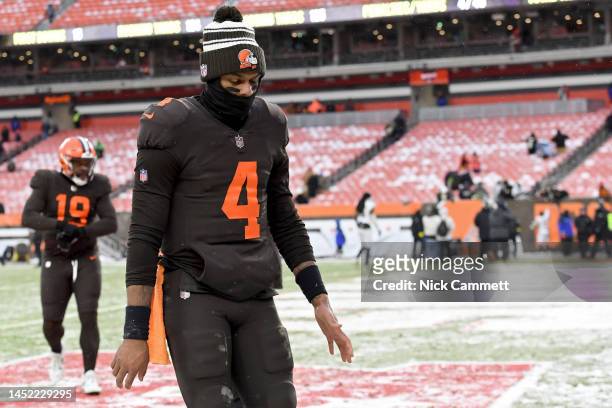 Deshaun Watson of the Cleveland Browns walks off the field after a game against the New Orleans Saints at FirstEnergy Stadium on December 24, 2022 in...