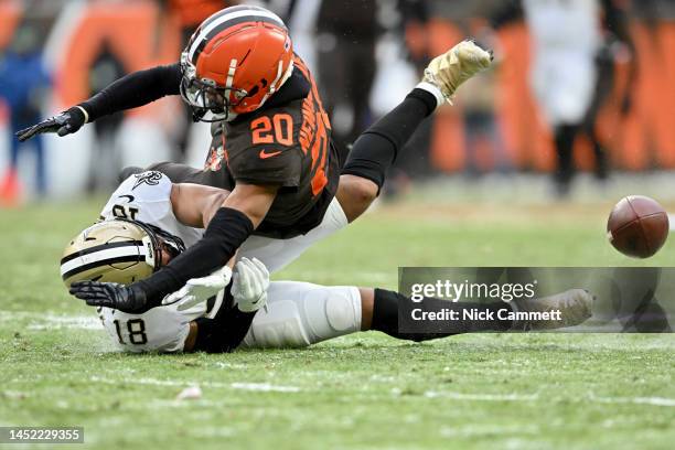 Greg Newsome II of the Cleveland Browns breaks up a pass intended for Keith Kirkwood of the New Orleans Saints during the second half at FirstEnergy...