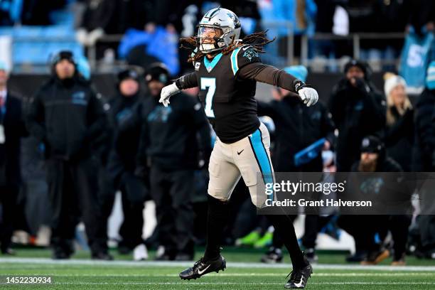 Shaq Thompson of the Carolina Panthers reacts after a play during the fourth quarter of the game against the Detroit Lions at Bank of America Stadium...