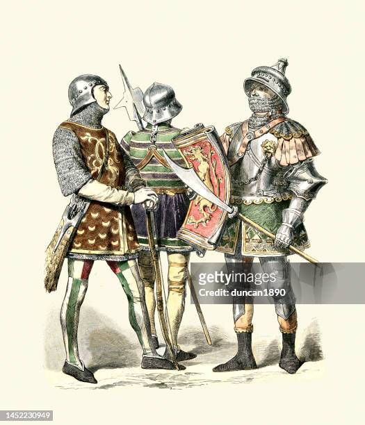 ilustrações de stock, clip art, desenhos animados e ícones de burgundian knights and soldiers in armour, archer, infantry armed with halberd and fauchard, history medieval weapons and warfare 15th century - infantry