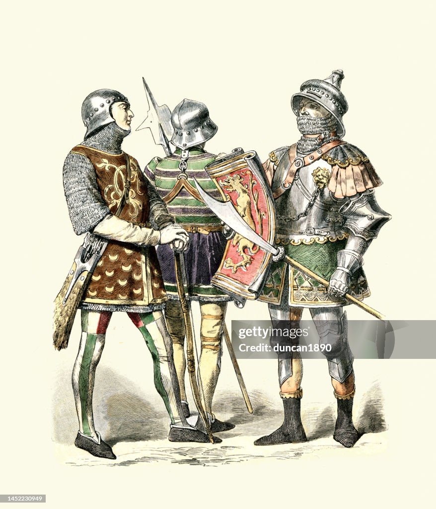 Burgundian Knights and soldiers in armour, Archer, Infantry armed with halberd and Fauchard, History medieval weapons and warfare 15th Century