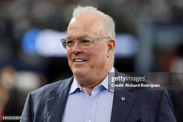Stephen Jones of the Dallas Cowboys on the field prior to the game against the Philadelphia Eagles at AT&T Stadium on December 24, 2022 in Arlington,...