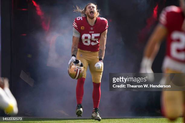 George Kittle of the San Francisco 49ers takes the field prior to a game against the Washington Commanders at Levi's Stadium on December 24, 2022 in...