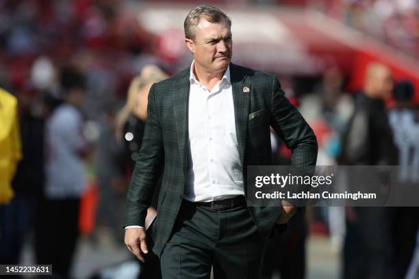 San Francisco 49ers general manager, John Lynch, looks on before the game against the Washington Commanders at Levi's Stadium on December 24, 2022 in...