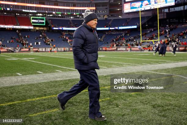 Head coach Bill Belichick of the New England Patriots walks off the field after his team's 22-18 loss against the Cincinnati Bengals at Gillette...