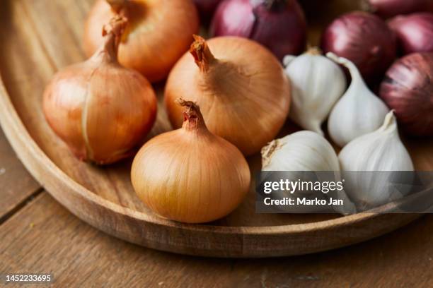 garlic, onion and spanish red onion on a wooden plate - cebola imagens e fotografias de stock