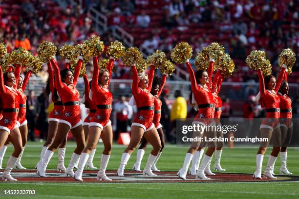 The San Francisco 49ers cheerleaders perform prior to a game against the Washington Commanders at Levi's Stadium on December 24, 2022 in Santa Clara,...