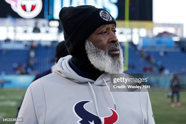 Head coach Lovie Smith of the Houston Texans walks off the field after a win over the Tennessee Titans at Nissan Stadium on December 24, 2022 in...