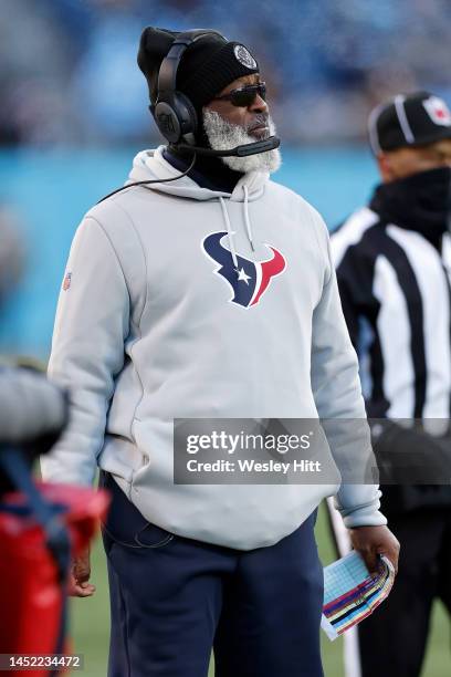 Head coach Lovie Smith of the Houston Texans looks on during the second half in the game against the Tennessee Titans at Nissan Stadium on December...