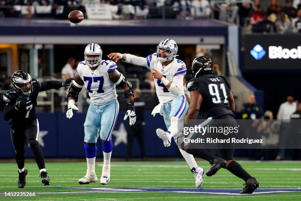 Dak Prescott of the Dallas Cowboys throws the ball during the first half in the game against the Philadelphia Eagles at AT&T Stadium on December 24,...