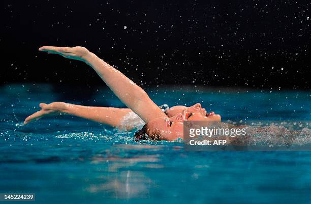 French's Sara Labrousse and Chloe Willhelm compete in the synchronised duets technical routine of the 31st LEN European Swimming Championships on May...