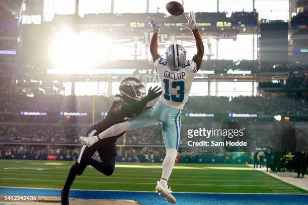 Michael Gallup of the Dallas Cowboys is unable to make a catch in the end zone while defended by James Bradberry of the Philadelphia Eagles during...