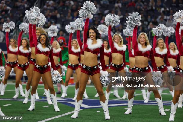 The Dallas Cowboys cheerleaders performs in the first half during the game against the Philadelphia Eagles at AT&T Stadium on December 24, 2022 in...