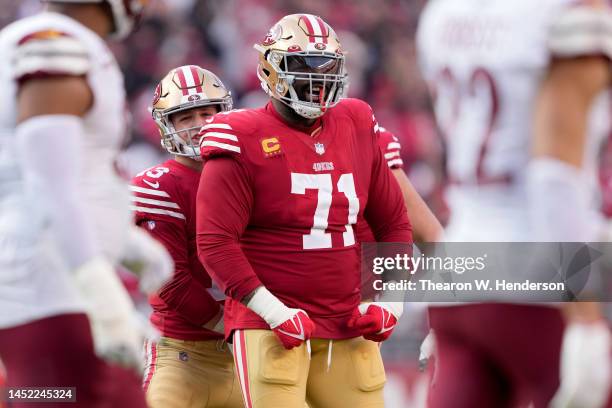 Trent Williams of the San Francisco 49ers celebrate after a touchdown during the third quarter in the game against the Washington Commanders at...