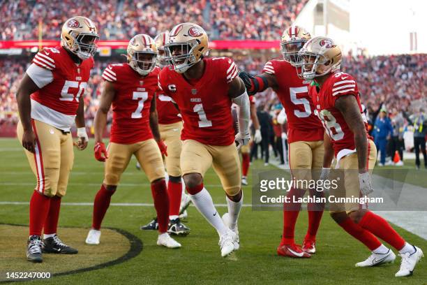 Jimmie Ward of the San Francisco 49ers celebrates after an interception during the fourth quarter in the game against the Washington Commanders at...