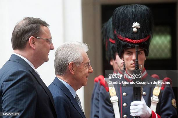 Italian Prime Minister Mario Monti and Czech Republic Prime Minister Petr Necas arrive for a press conference at Palazzo Chigi on May 24, 2012 in...