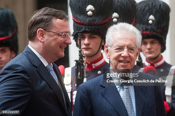 Italian Prime Minister Mario Monti and Czech Republic Prime Minister Petr Necas arrive for a press conference at Palazzo Chigi on May 24, 2012 in...
