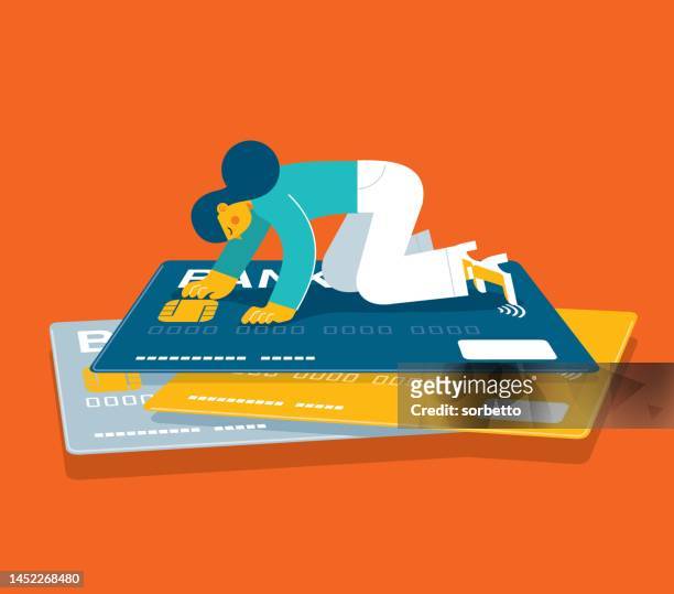 geschäftsfrau - kreditkartenschulden - credit card debt stock-grafiken, -clipart, -cartoons und -symbole