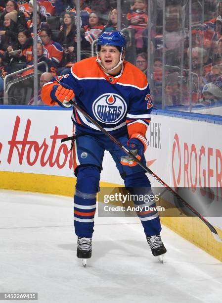 Mattias Janmark of the Edmonton Oilers skates during the game against the Vancouver Canucks on December 23, 2022 at Rogers Place in Edmonton,...