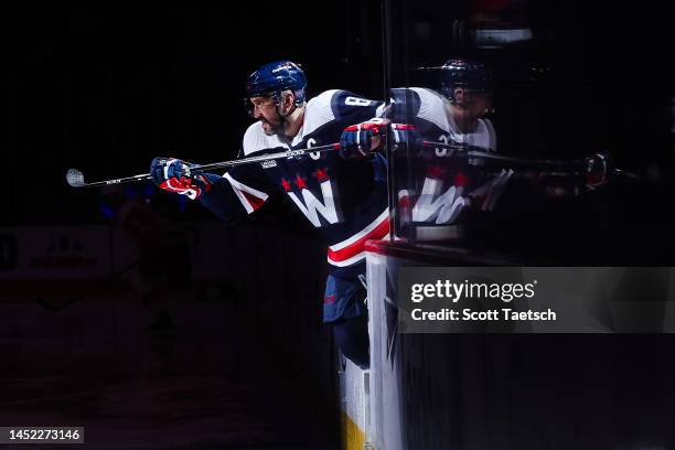 Alex Ovechkin of the Washington Capitals takes the ice before the game against the Detroit Red Wings at Capital One Arena on December 19, 2022 in...