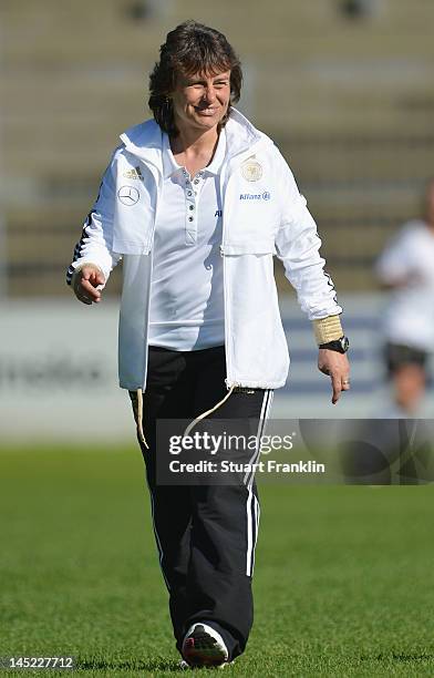 Ulrike Ballweg, head coach of Germany watches during the U23's womens international friendly mtach between Germany and Sweden on May 24, 2012 in...