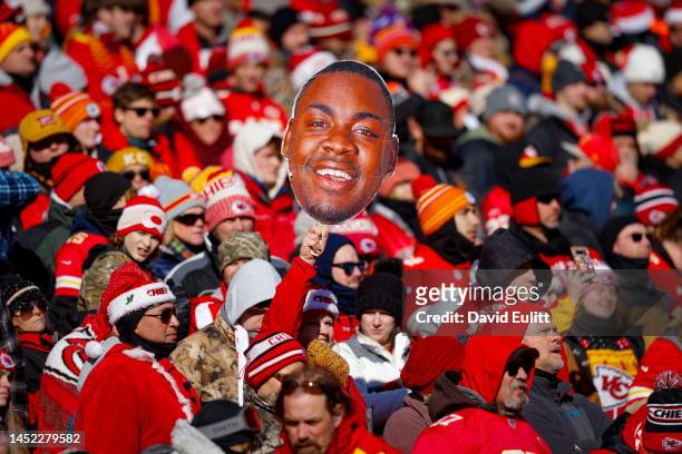 Kansas City Chiefs fans holds a cutout photo of Chris Jones of the Kansas City Chiefs during the game against the Seattle Seahawks at Arrowhead...