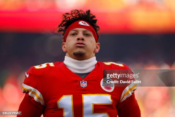 Patrick Mahomes of the Kansas City Chiefs runs on to the field prior to the game against the Seattle Seahawks at Arrowhead Stadium on December 24,...