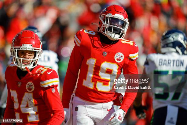 Kadarius Toney of the Kansas City Chiefs celebrates his first quarter touchdown against the Seattle Seahawks at Arrowhead Stadium on December 24,...