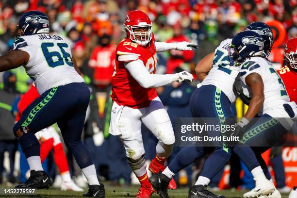 Chris Jones of the Kansas City Chiefs rushes to the quarterback during the second quarter against the Seattle Seahawks at Arrowhead Stadium on...