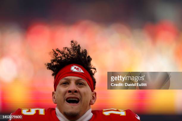 Patrick Mahomes of the Kansas City Chiefs leaps in the end zone prior to the game against the Seattle Seahawks at Arrowhead Stadium on December 24,...