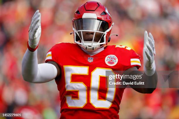 Willie Gay of the Kansas City Chiefs celebrates a second quarter tackle against the Seattle Seahawks at Arrowhead Stadium on December 24, 2022 in...