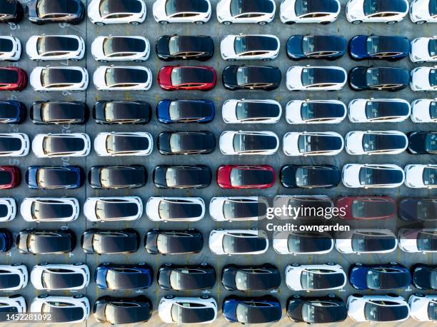 aerial view of new cars lined up in the port for import and export - china manufacturing stock pictures, royalty-free photos & images