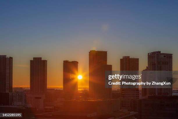 tokyo sunrise aerial view with scrapers in the sunrise, japan. - harumi district tokyo stock pictures, royalty-free photos & images